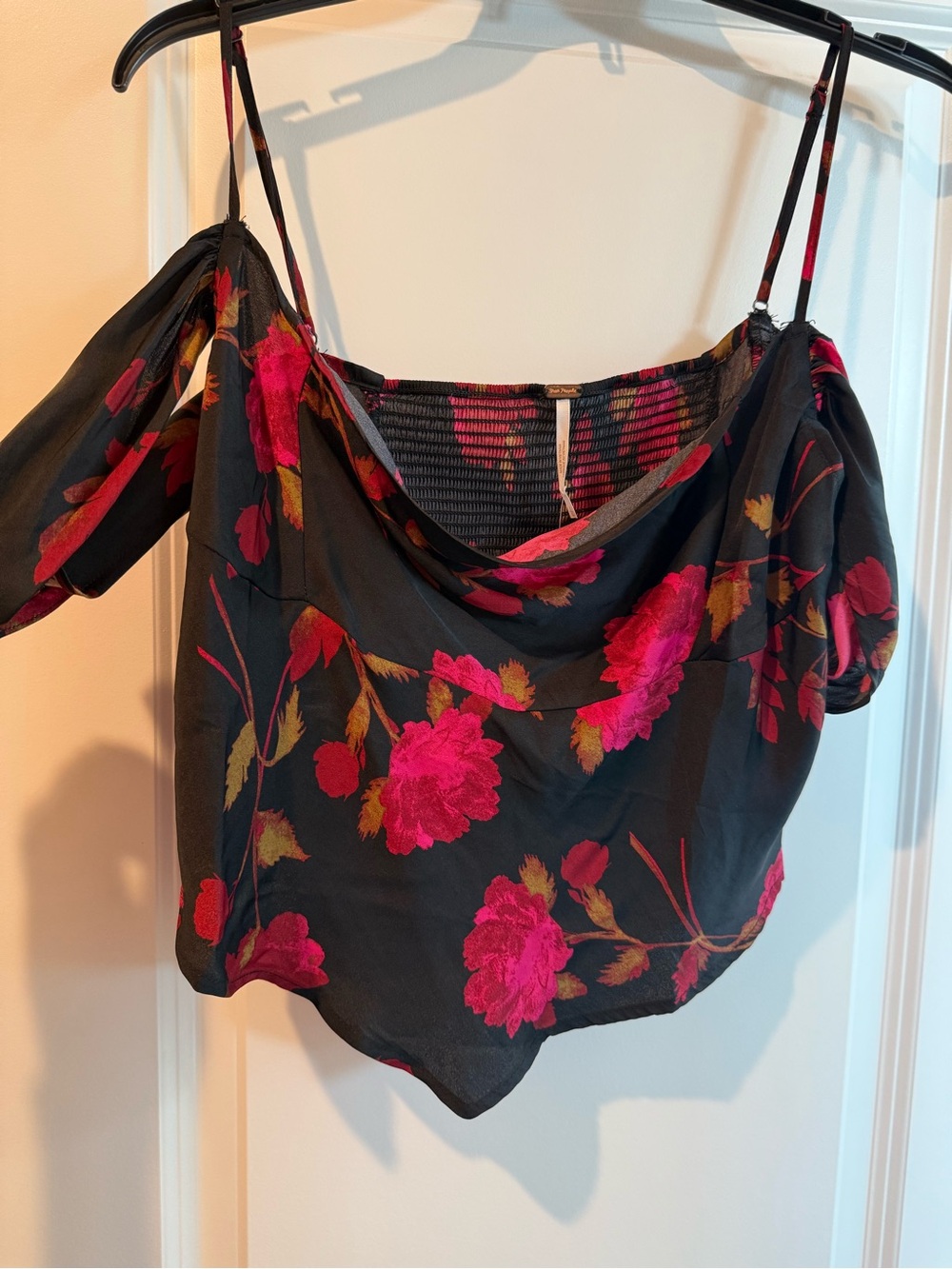 Free People Black Camisole with Hot Pink Floral Print NWT